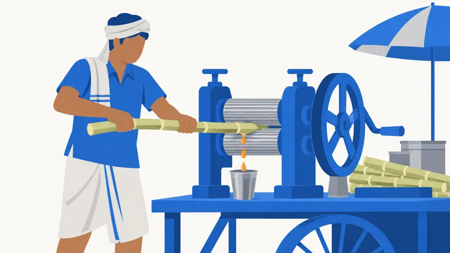 A sugarcane juice vendor pressing the same cane a second time